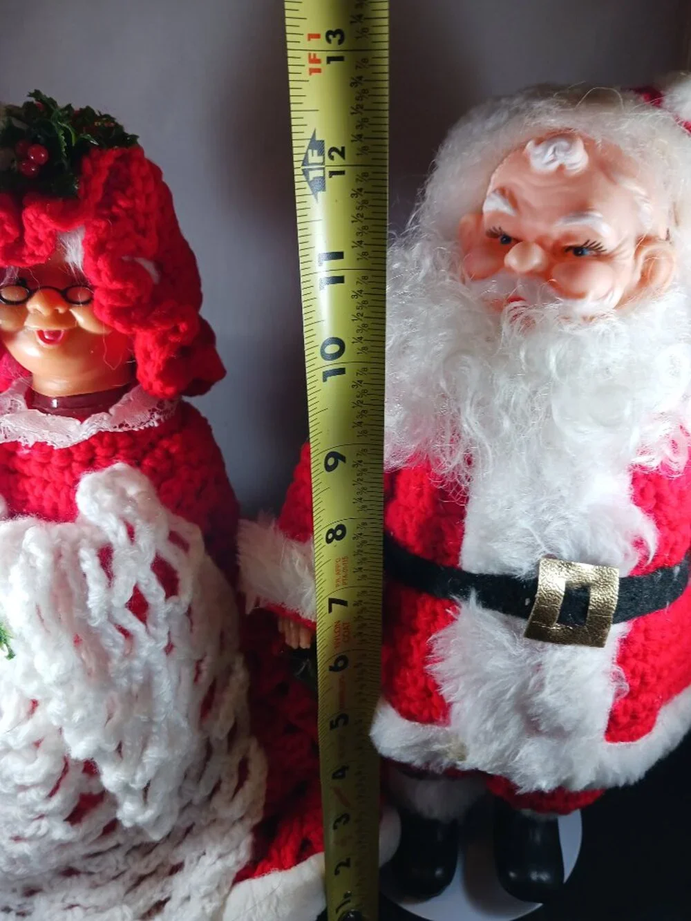 Vintage Crochet Santa Mr. & Mrs. Claus Hard Plastic 12in Tall